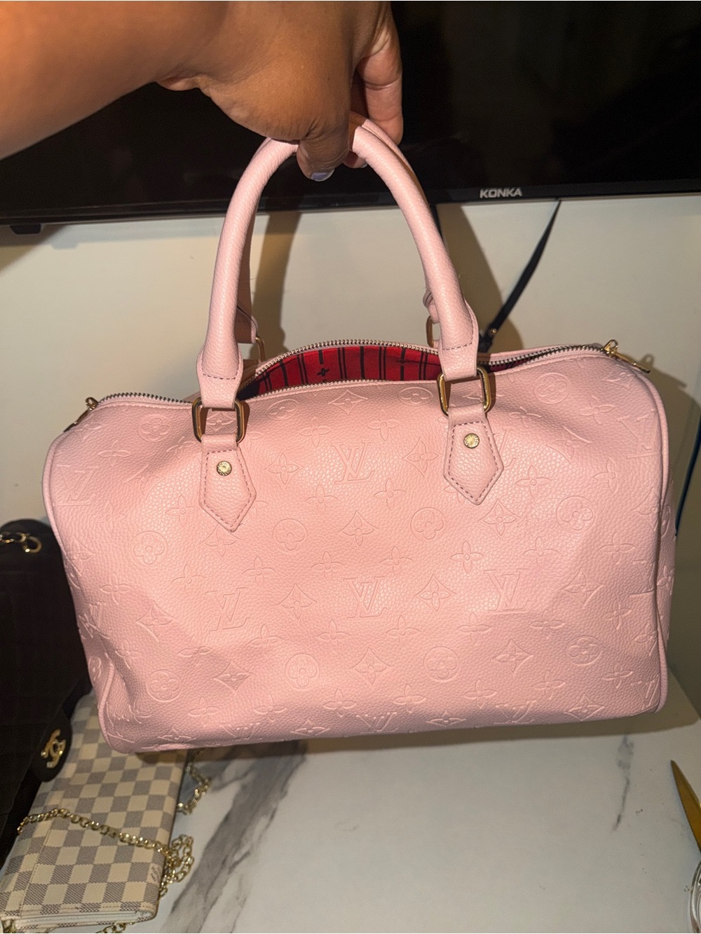 Pink Embossed Monogram Satchel